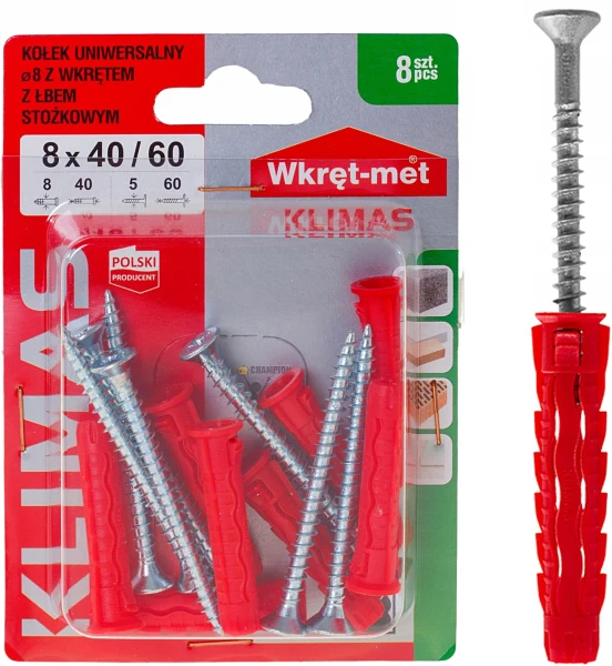 UNIWERSALNE KOŁKI ROZPOROWE Z ŁBEM STOŻKOWYM SFXP 8x40mm Z WKRĘTEM 60 8szt