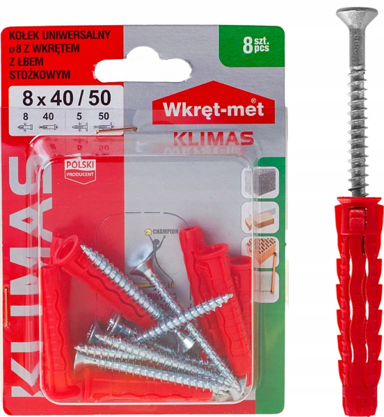 UNIWERSALNE KOŁKI ROZPOROWE SFXP Z ŁBEM STOŻKOWYM 8x40mm Z WKRĘTEM 50 8szt