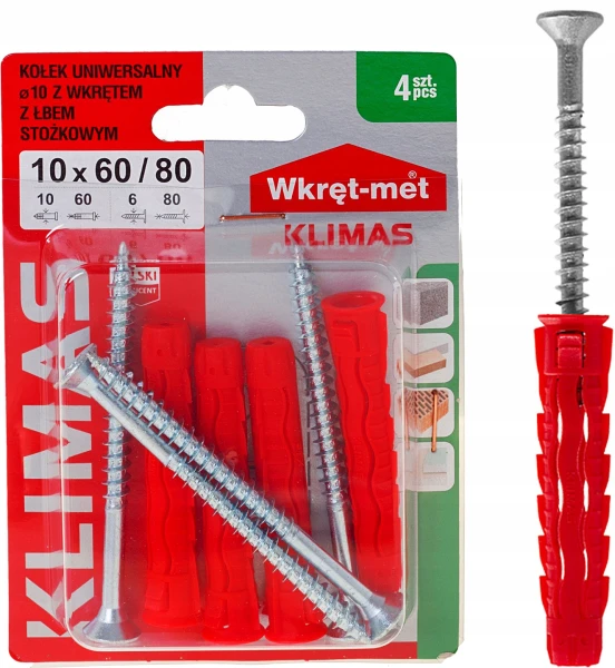 UNIWERSALNE KOŁKI ROZPOROWE SFXP Z ŁBEM STOŻKOWYM 10x60mm Z WKRĘTEM 80 4szt
