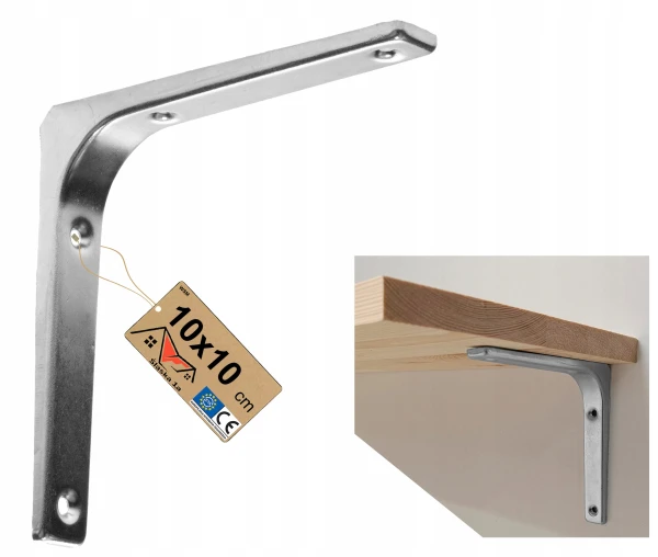 Wspornik stalowy kątownik meblowy półkę do półek wzmocniony srebrny 10x10cm