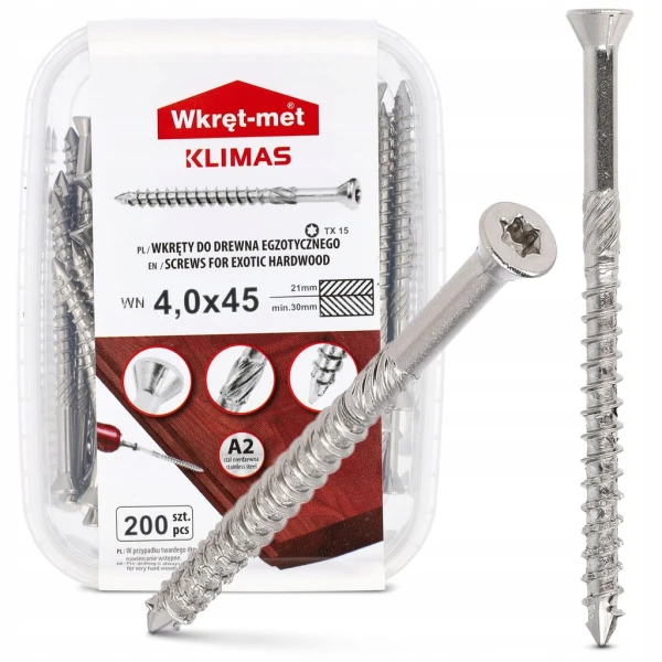 Wkręty nierdzewne do drewna 4x45 mm 200 szt. tarasowe TORX A2 Klimas WN