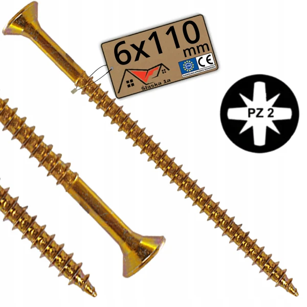 Wkręty złote do drewna hartowane płyty OSB ocynkowany stożkowy 6x110mm 9szt