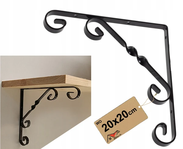 OZDOBNY WSPORNIK POD PÓŁKĘ METALOWY CZARNY KUTY PODPÓRKA DO PÓŁKI 20x20 CM