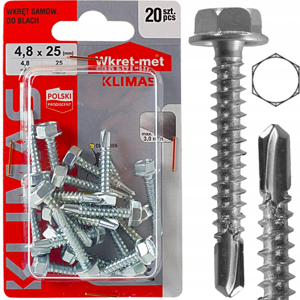 Wkręty na klucz 8 samowiercące do blach metalu srebrne blacho-wkręty 4,8x25