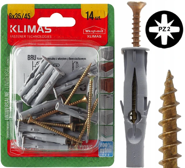 KOŁEK KOŁKI UNIWERSALNE DO PUSTEJ BETONU DYBEL 6x35mm WKRĘT 3,5x45mm 14szt