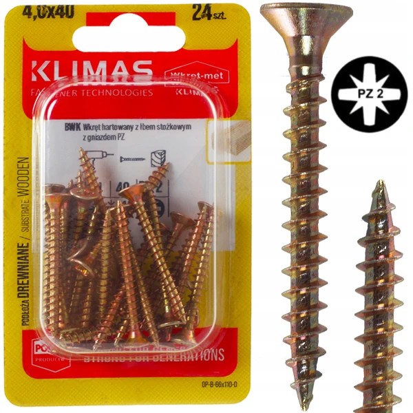Wkręty hartowane do drewna żółte złote ocynkowane stożkowe 4x40mm 24szt