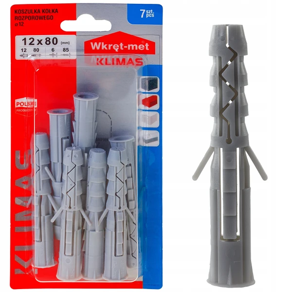 KOŁKI KOŁEK SZARY ROZPOROWY DO BETONU CEGŁY DYBEL KOSZULKI 12x80mm 7szt