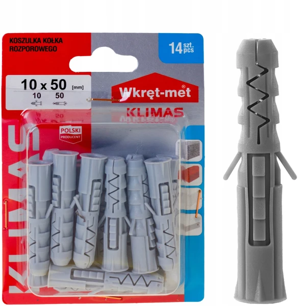 KOŁKI KOŁEK SZARY ROZPOROWY DO BETONU CEGŁY DYBEL KOSZULKI 10x50mm 14szt