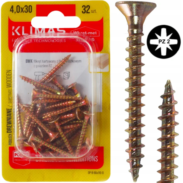 Wkręty hartowane do drewna żółte złote ocynkowane stożkowe 4x30mm 32szt