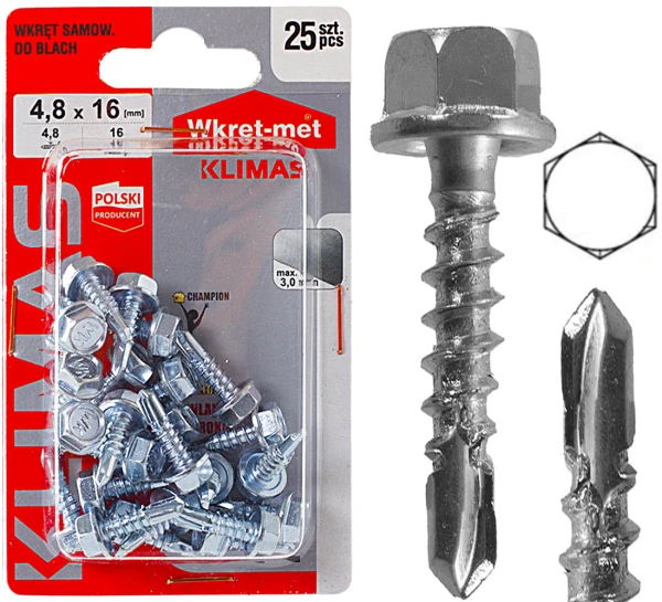 Wkręty na klucz 8 samowiercące do blach metalu srebrne blachowkręty 4,8x16