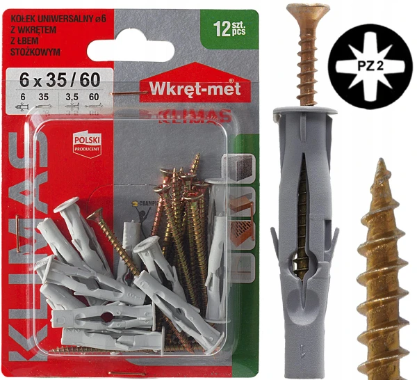 KOŁEK KOŁKI UNIWERSALNE DO PUSTEJ BETONU DYBEL 6x35 mm WKRĘT 3,5x60mm 12szt