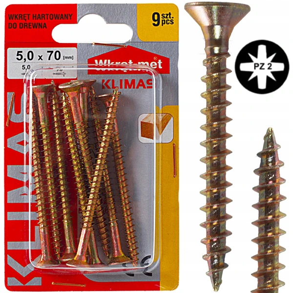 Wkręty hartowane do drewna żółte złote ocynkowane stożkowe 5x70mm 9szt