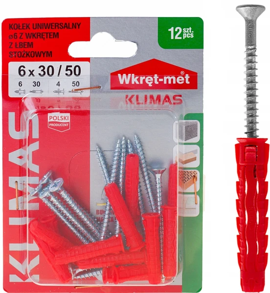 UNIWERSALNE KOŁKI ROZPOROWE SFXP Z ŁBEM STOŻKOWYM 6x30mm Z WKRĘTEM 50 12szt