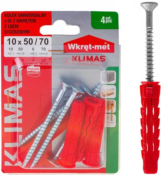 UNIWERSALNE KOŁKI ROZPOROWE SFXP Z ŁBEM STOŻKOWYM 10x50mm Z WKRĘTEM 70 4szt