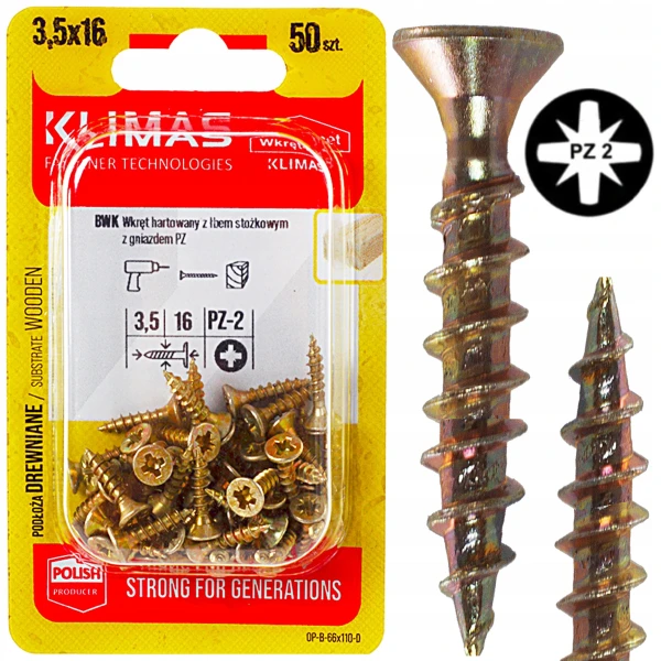 Wkręty hartowane do drewna żółte złote ocynkowane stożkowe 3,5x16mm 50szt