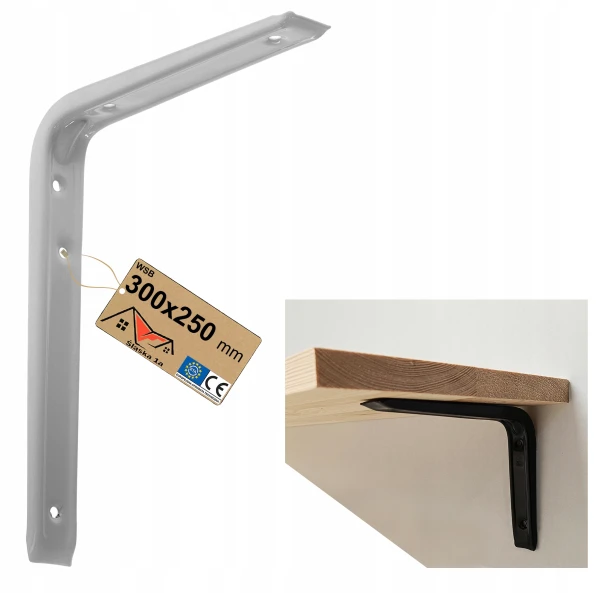 WSPORNIK KĄTOWNIK UCHWYT PODPÓRKA PÓŁKI POD PÓŁKĘ METALOWY BIAŁY 300x250 MM