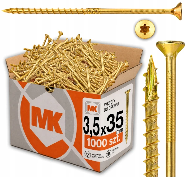 Żółte WKRĘTY Hartowane do DREWNA PŁYT WIÓROWYCH OSB STOŻKOWY 3,5x35 1000szt
