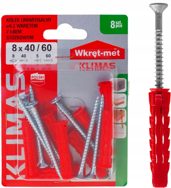 UNIWERSALNE KOŁKI ROZPOROWE Z ŁBEM STOŻKOWYM SFXP 8x40mm Z WKRĘTEM 60 8szt