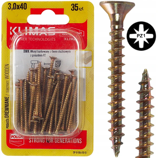 Wkręty hartowane do drewna żółte złote ocynkowane stożkowe 3x40mm 35szt