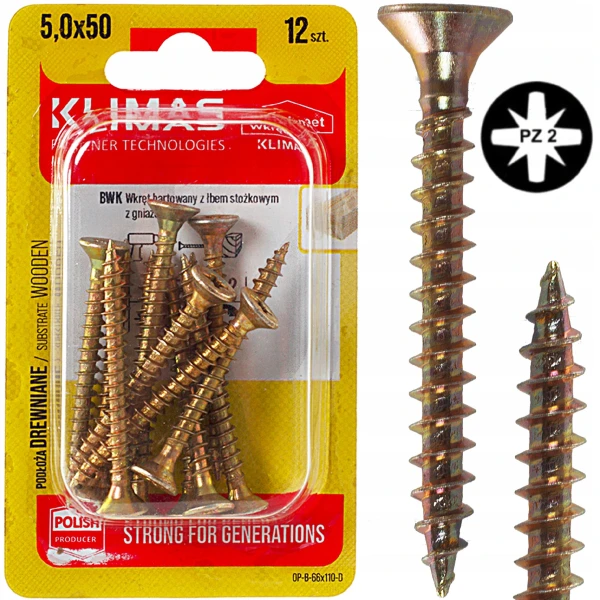 Wkręty hartowane do drewna żółte złote ocynkowane stożkowe 5x50mm 12szt