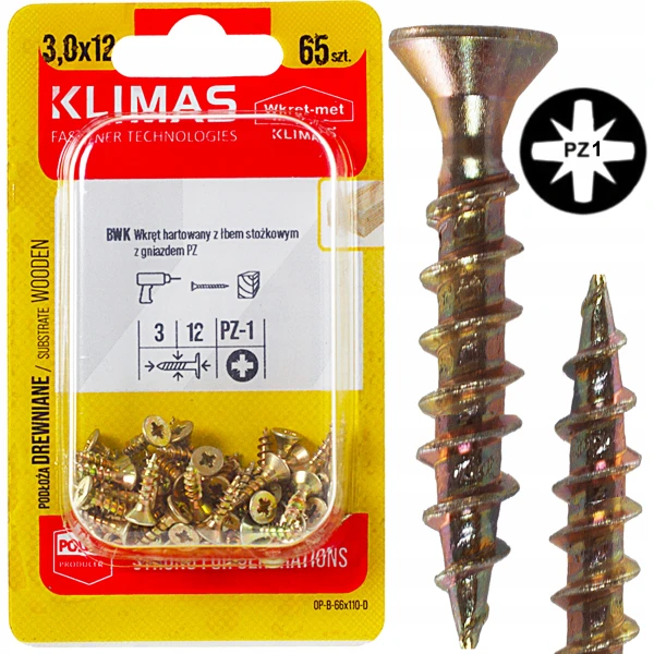 Wkręty hartowane do drewna żółte złote ocynkowane stożkowe 3x12mm 65szt