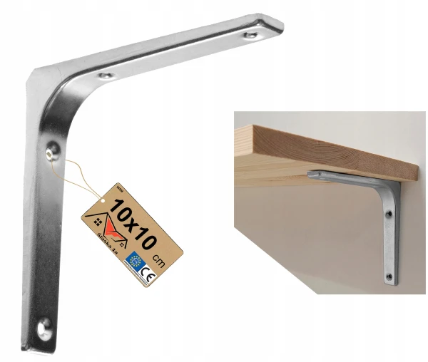 Kątownik wspornik stalowy meblowy półkę do półek wzmocniony srebrny 10x10cm