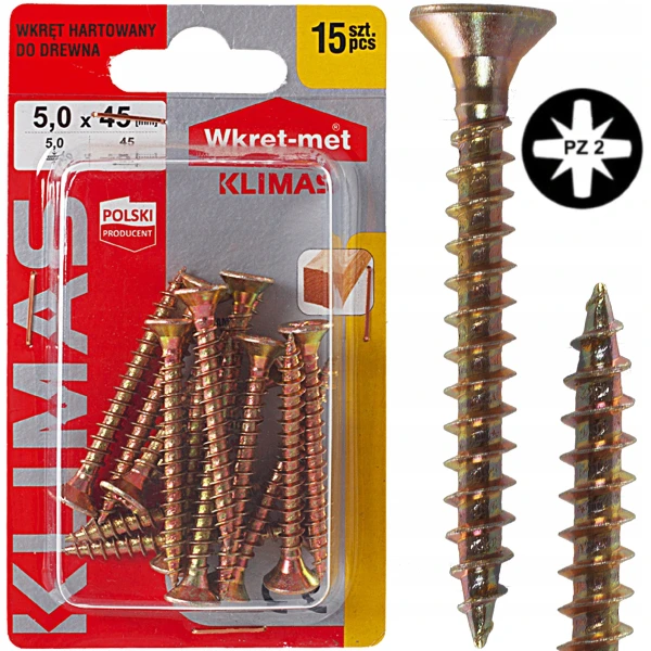 Wkręty hartowane do drewna żółte złote ocynkowane stożkowe 5x45mm - 15szt