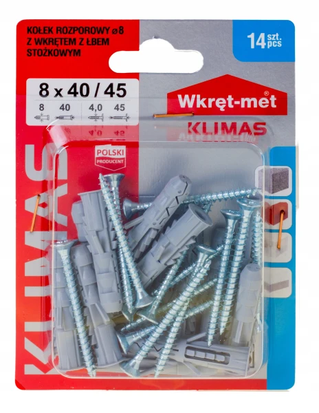 KOŁKI ROZPOROWE 8x40 Z WKRĘTEM 45 14szt.