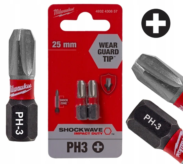 2szt Krótki bit udarowy końcówka do wkrętarki Milwaukee PH3 Philips 25mm