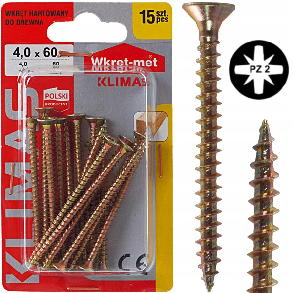 Wkręty hartowane do drewna żółte złote ocynkowane stożkowe 4x60mm 15szt