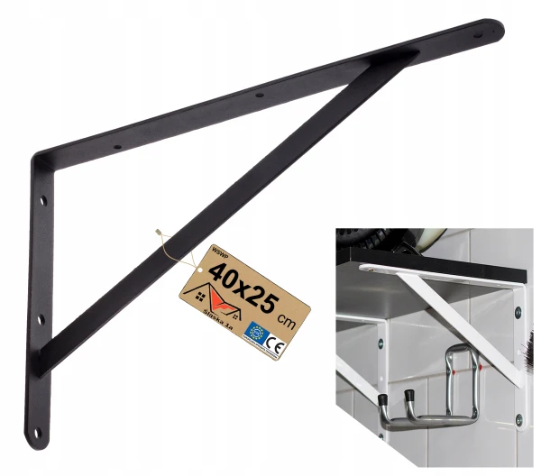 WZMOCNIONY KĄTOWNIK WSPORNIK PODPÓRKA UCHWYT PÓŁKI CZARNY POD PÓŁKĘ 40x25CM