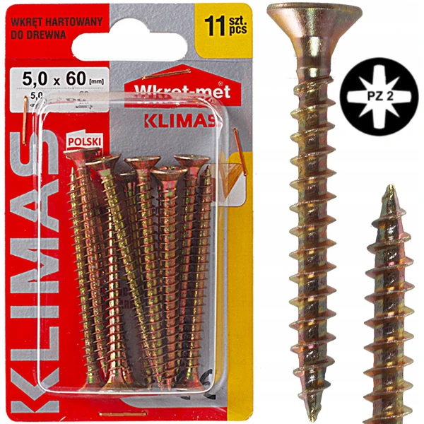 Wkręty hartowane do drewna żółte złote ocynkowane stożkowe 5x60mm 11szt