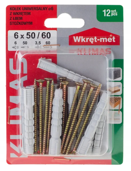 KOŁKI UNIWERSALNE Z 6x50 WKRĘT STOŻKOWYM 60 12szt