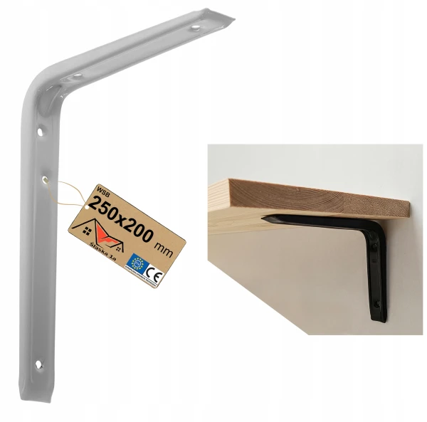 KĄTOWNIK WSPORNIK UCHWYT PODPÓRKA PÓŁKI POD PÓŁKĘ METALOWY BIAŁY 250x200 MM