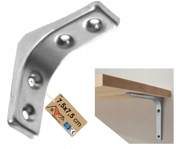 Stalowy kątownik wspornik meblowy półkę do półek wzmocniony srebrny 75x75mm
